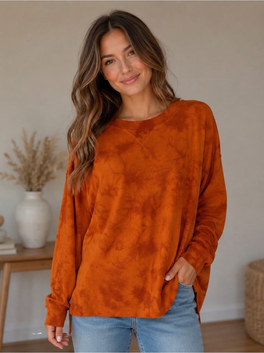 Burnt Orange Tie-Dye Long Sleeve Pullover Top | Relaxed Fit